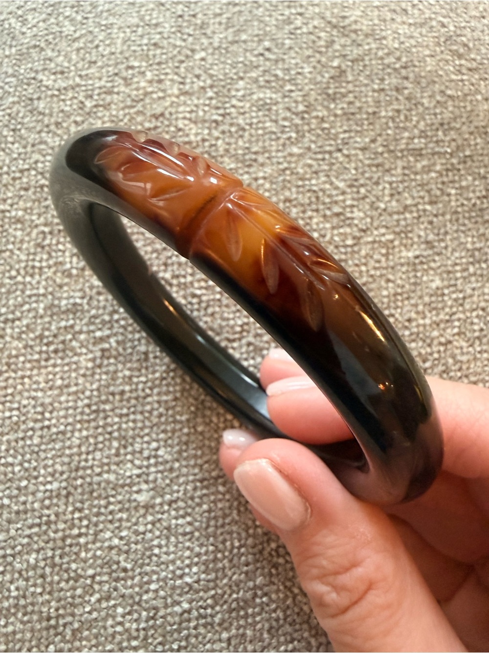 Vintage Carved Overdyed Black and Caramel Bakelite Bangle